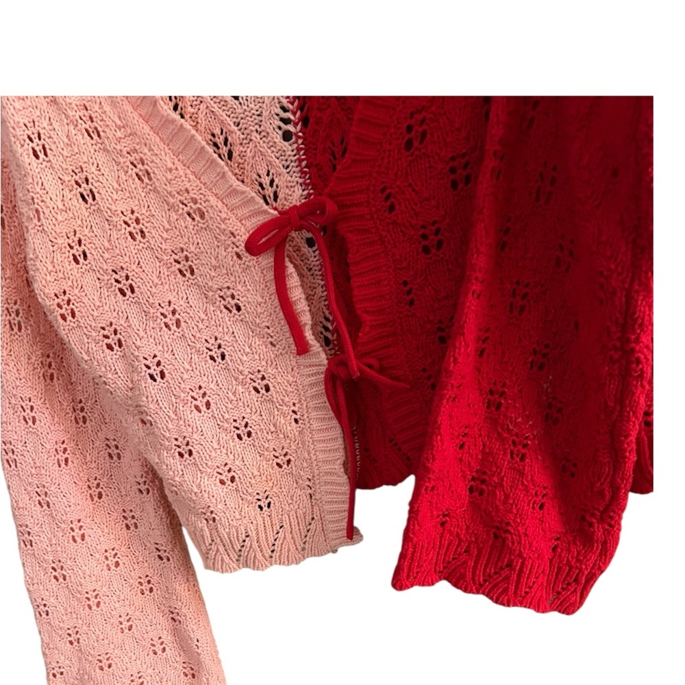 Sincerely Jules color block two tone lace knit crop cardigan pink & red M - Picture 3 of 8
